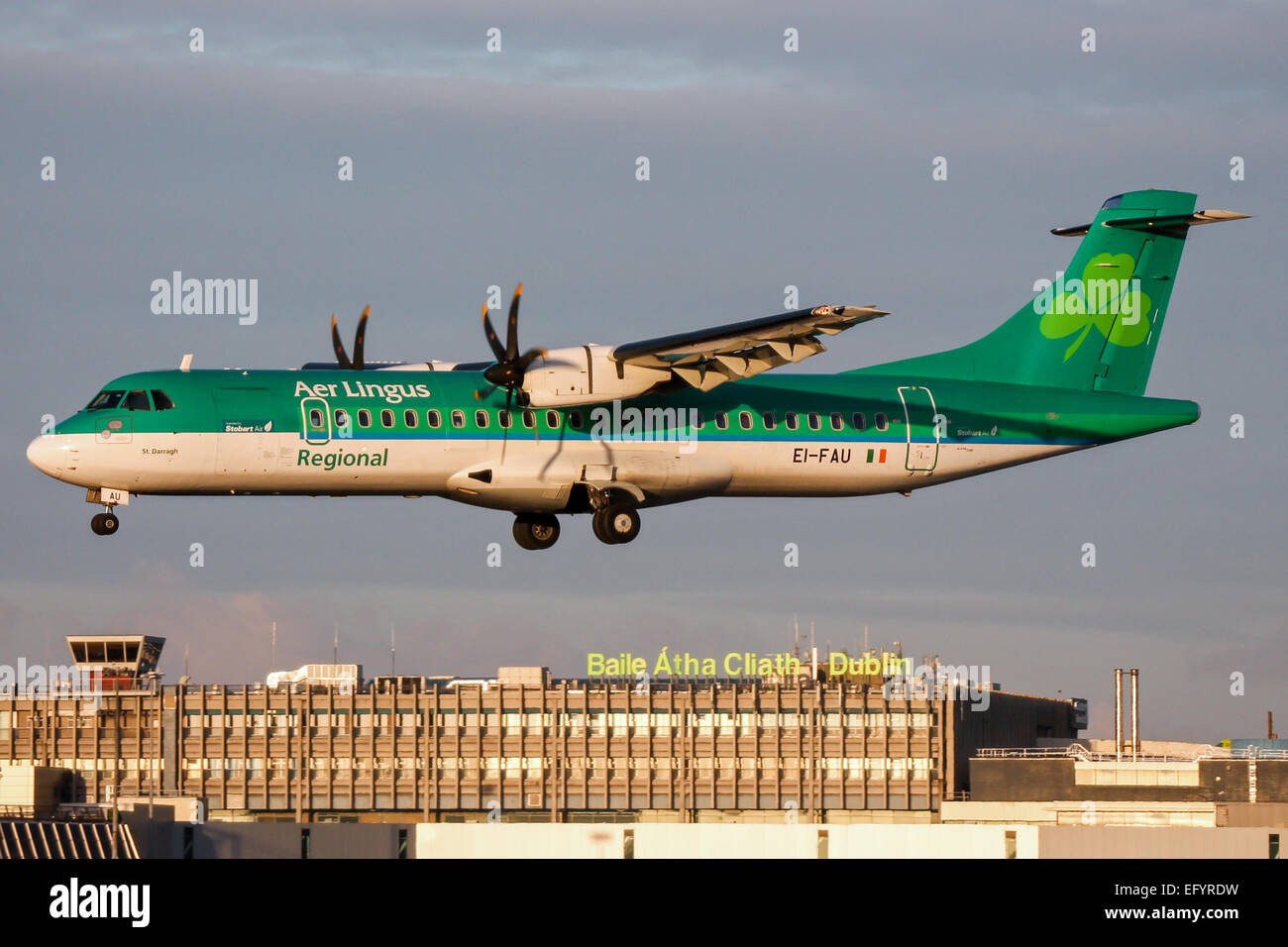 Stobart Air (Aer Lingus) Aerospatiale ATR72 approaches runway 28 at Dublin airport. Stock Photo