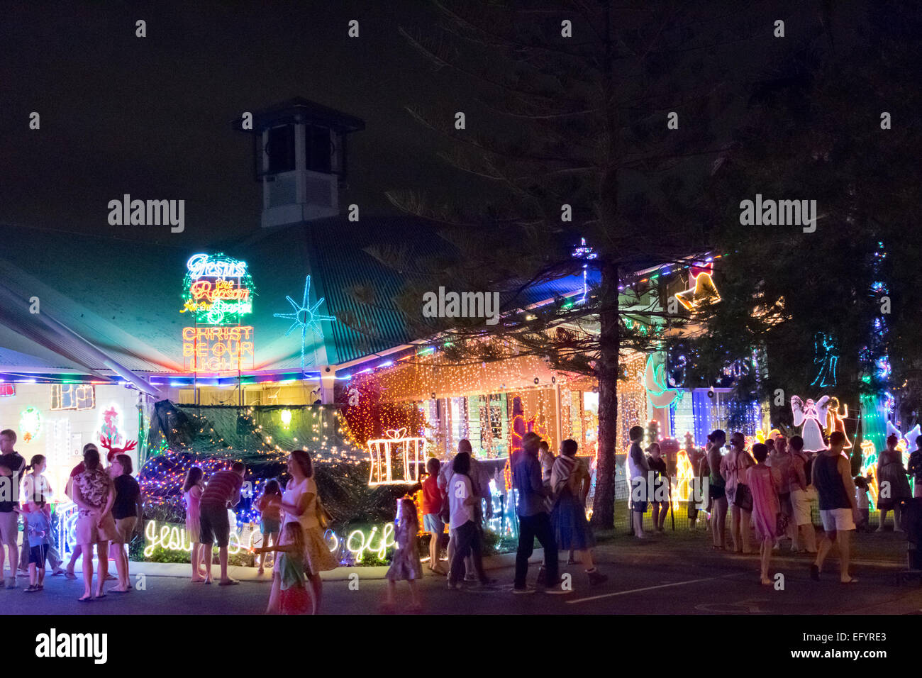 Traditional Christmas light decoration in front of Sandgate Uniting Church in Brisbane in December 2014 Stock Photo