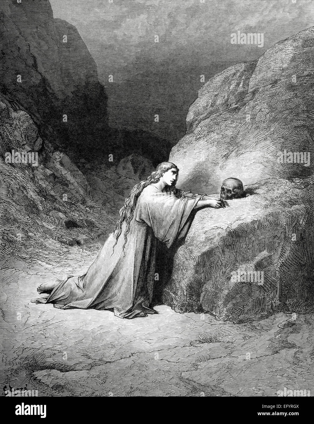 Mary Magdalene or Mary of Magdala, sometimes The Magdalene. Saint. Repentant Mary Magdalene. Engraving by Dore. Stock Photo