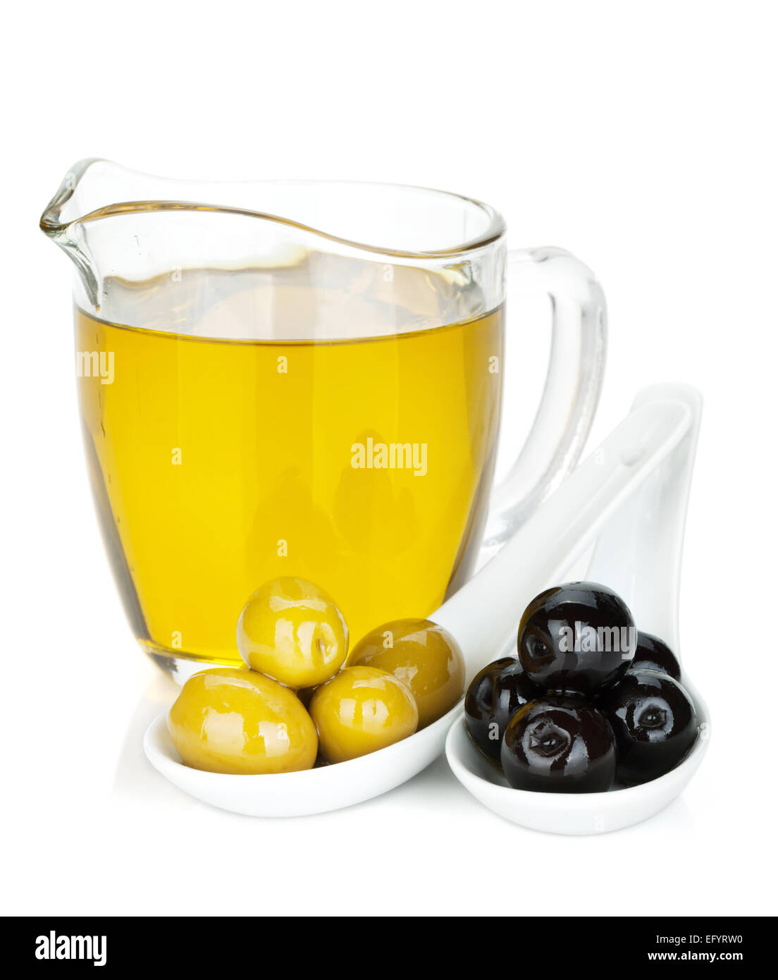 Green and black olives and olive oil. Isolated on white background