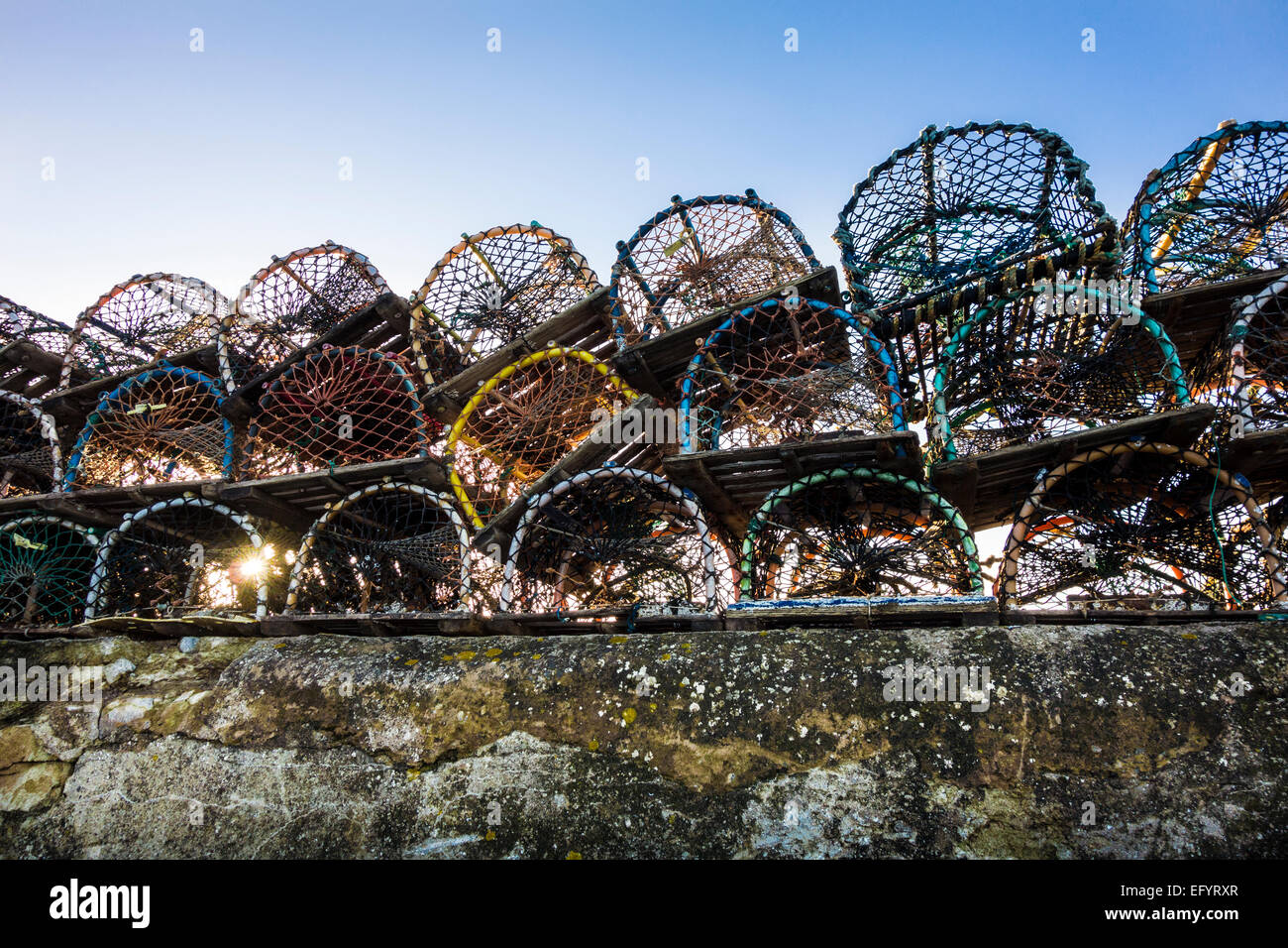 Lobster pots on the harbour wall, Beadnell, Norhumberland Stock Photo