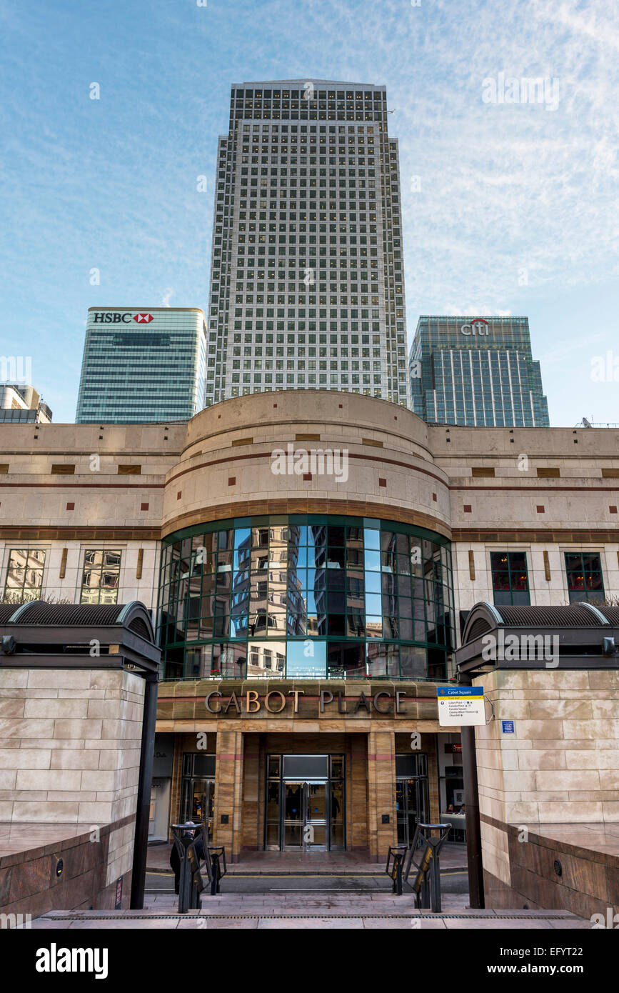 The skyscrapers of Canary Wharf viewed from Cabot Square; towers include One Canada Square, HSBC and Citigroup Stock Photo