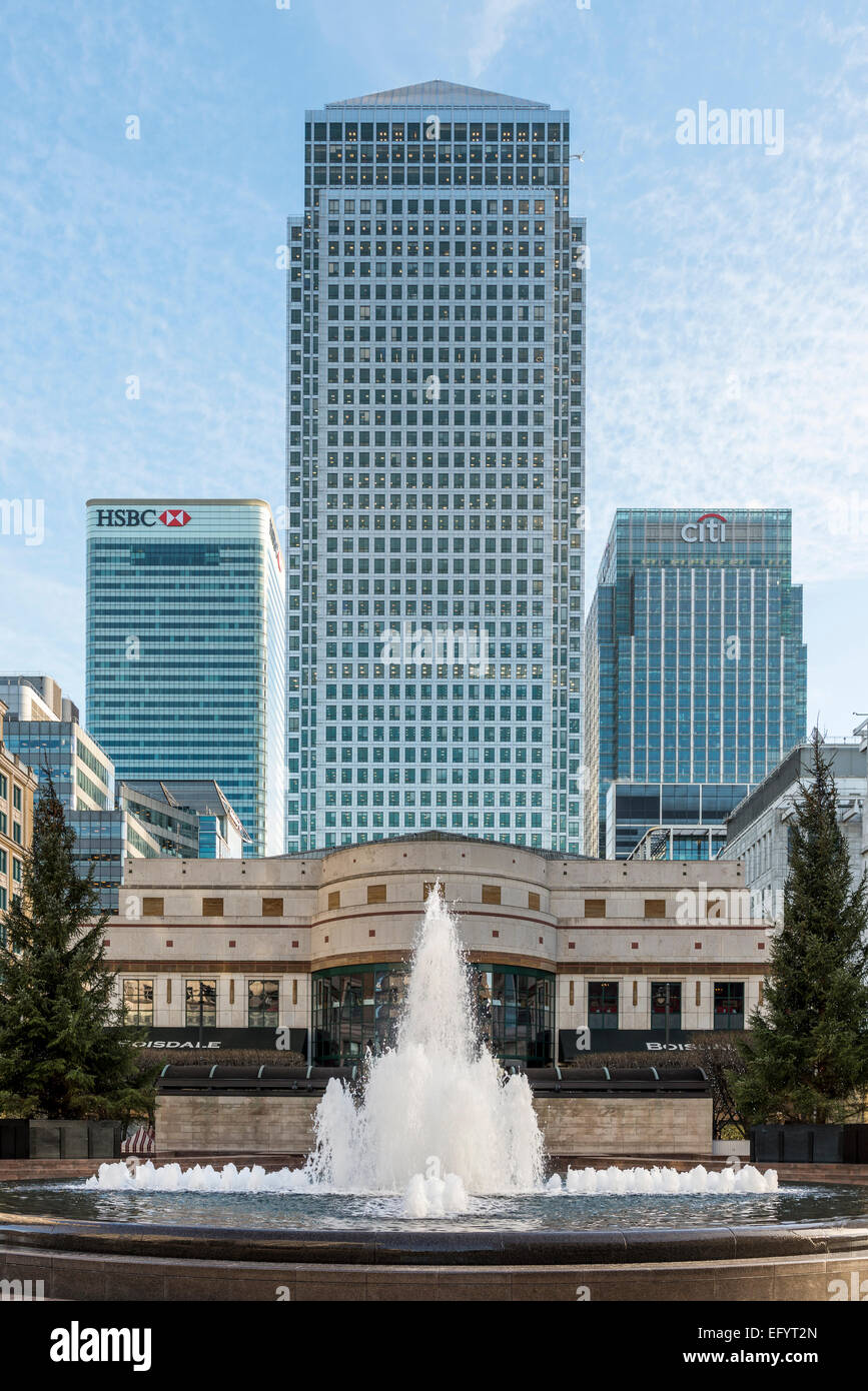 The skyscrapers of Canary Wharf viewed from Cabot Square; towers include One Canada Square, HSBC and Citigroup Stock Photo