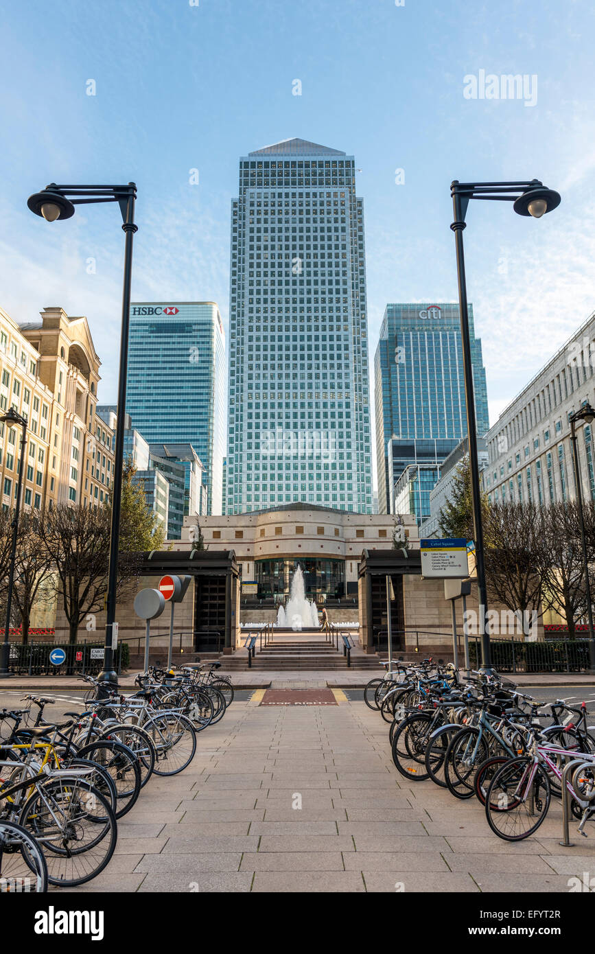 The skyscrapers of Canary Wharf viewed from Cabot Square; towers include One Canada Square, HSBC and Citigroup Stock Photo