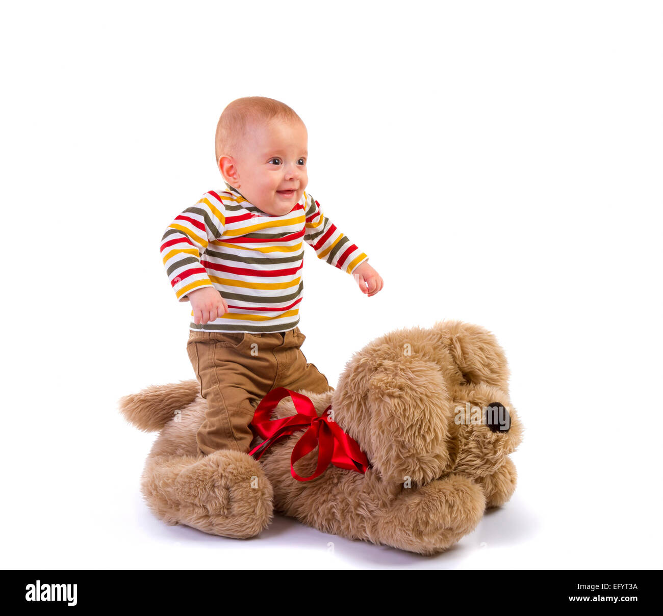 baby boy jump over plush dog on white background Stock Photo