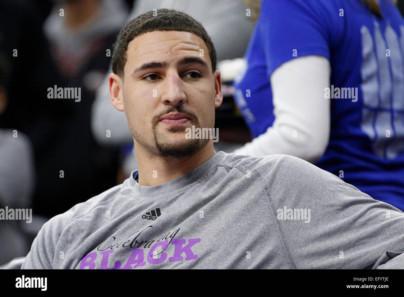 February 9, 2015: Golden State Warriors guard Klay Thompson (11) looks on  from the bench during the NBA game between the Golden State Warriors and  the Philadelphia 76ers at the Wells Fargo