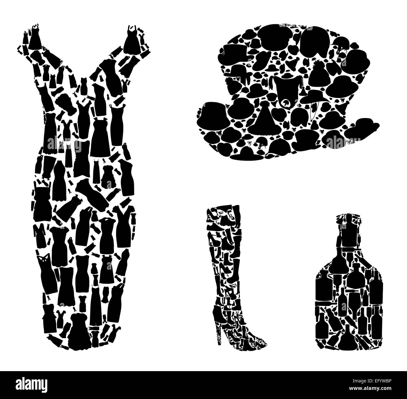 Bottles and Clothing: Hats, Shoes Collection Silhouette. Vector Stock Photo