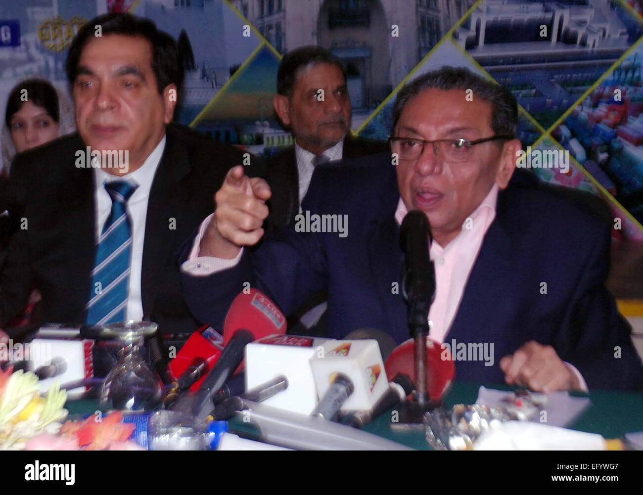 Chairman of Businessmen Group Former, Siraj Kasam Teli is addressing to media persons during a press conference held at Karachi Chambers of Commerce on Thursday, February 12, 2015. Stock Photo