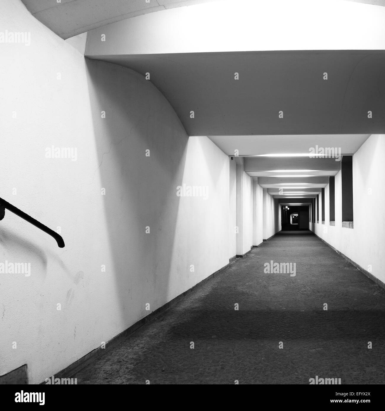 Perspective of long corridor. Black and white image Stock Photo