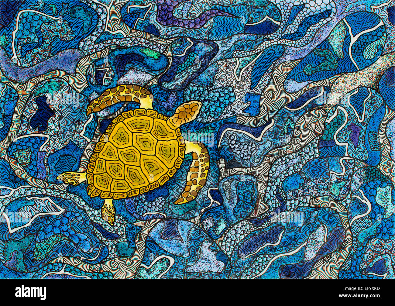 Drawing Of A Yellow Seaturtle Floating In Textured Water Stock Photo