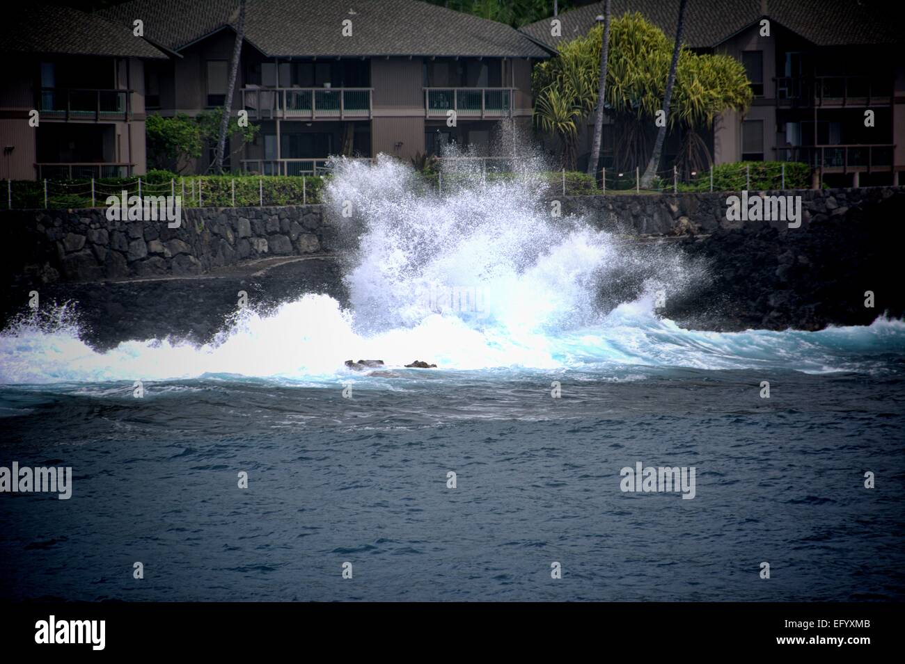 Wave breaking on rocks in Hilo Hawaii Stock Photo