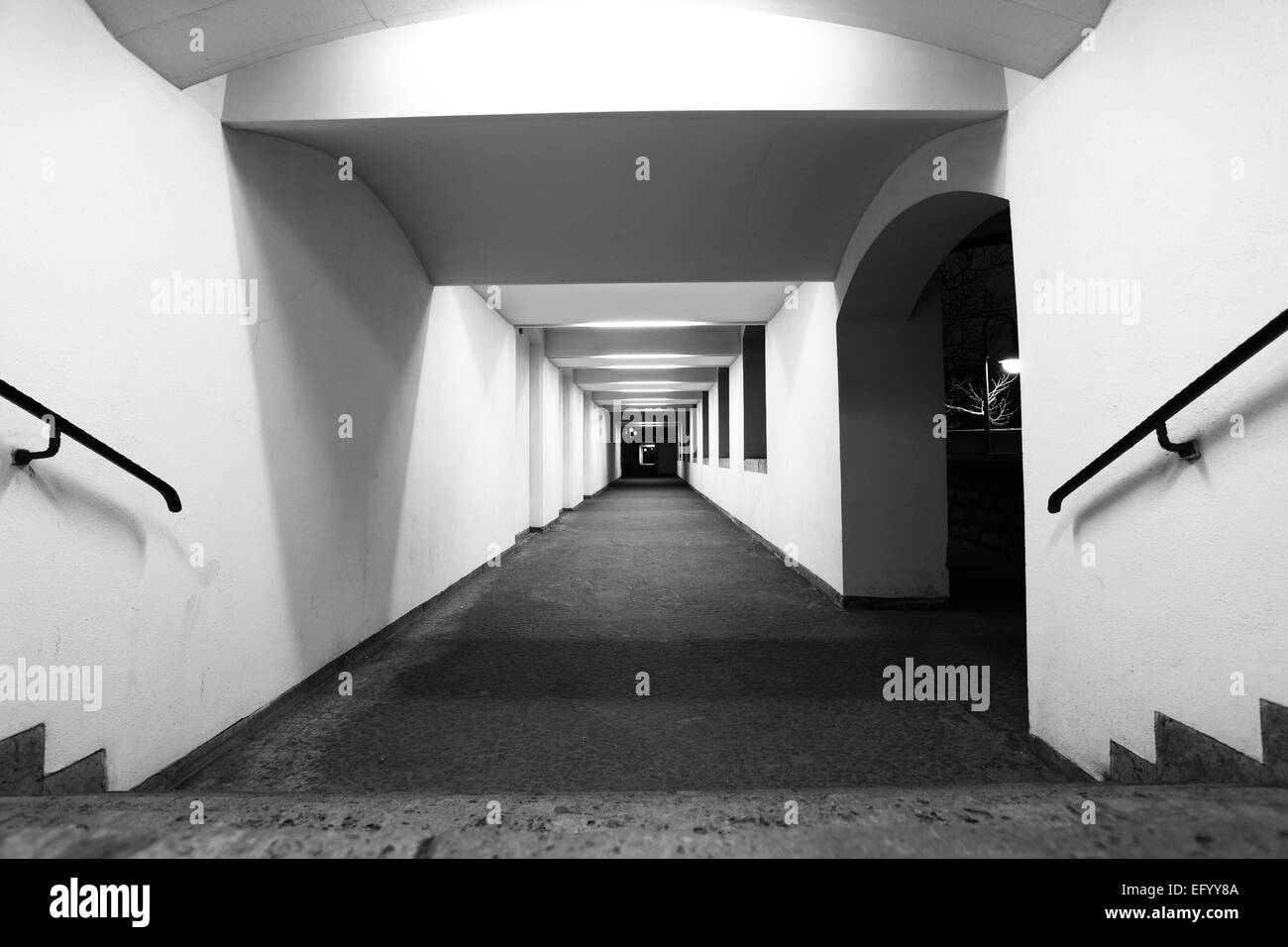 Perspective of long corridor. Black and white image Stock Photo
