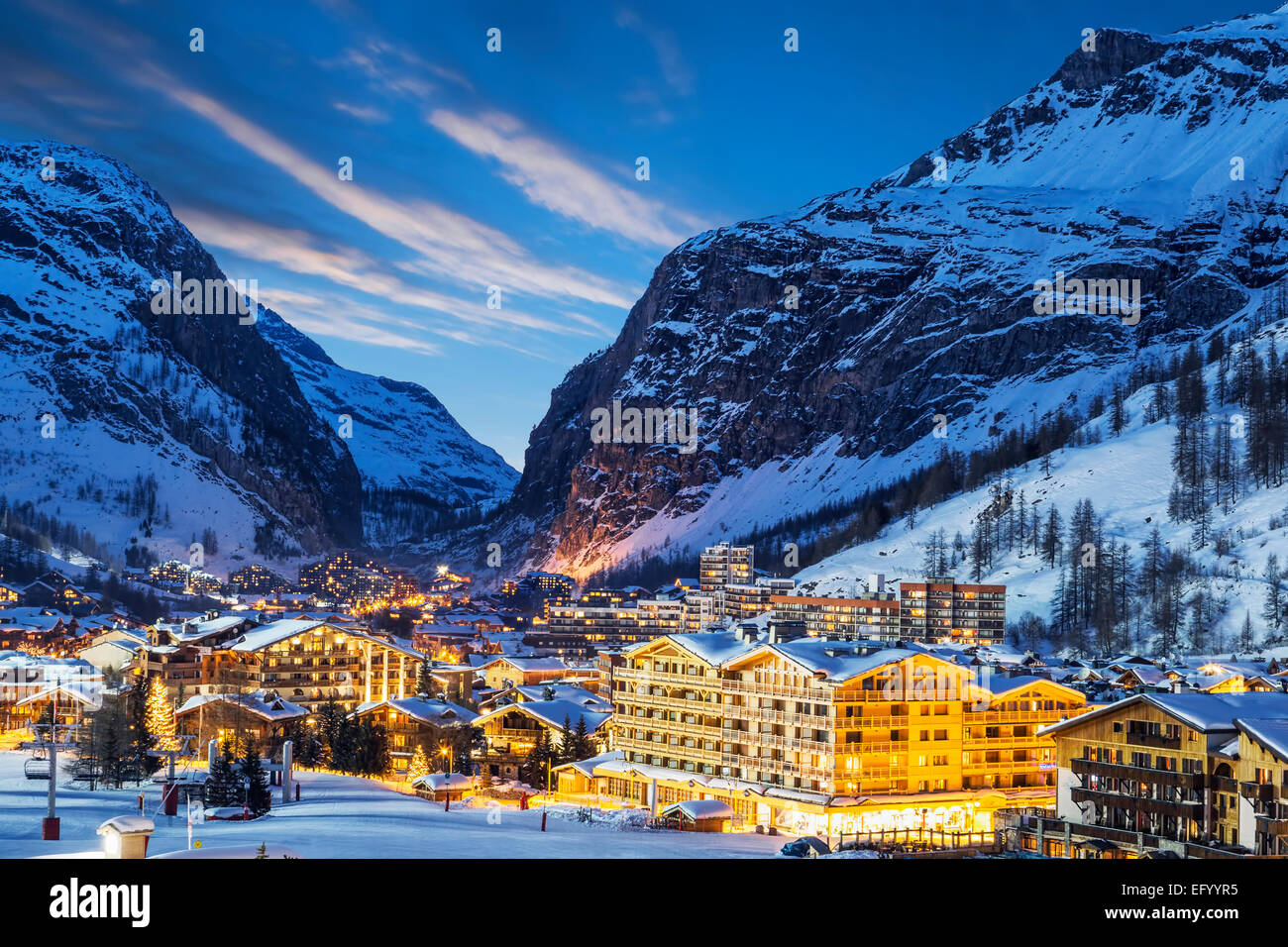 Evening landscape and ski resort in French Alps, Val d'Isere, France Stock Photo