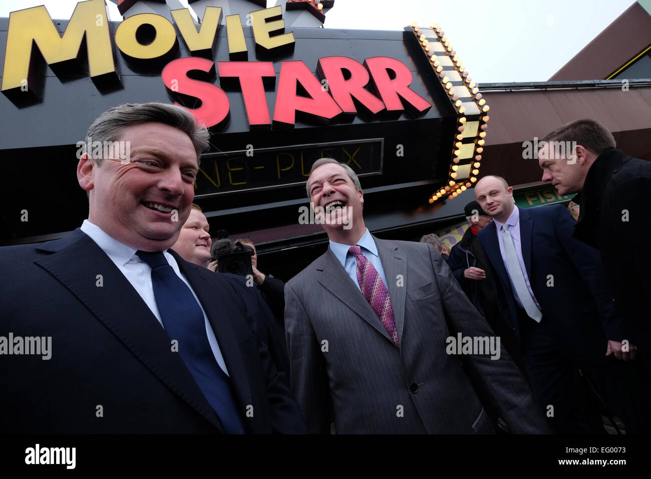 Canvey Island, Essex, UK. 12th Feb, 2015. Nigel Farage arrives at Movie Starr cinema where he joins local Ukip candidate Jamie Huntman Credit:  Rachel Megawhat/Alamy Live News Stock Photo