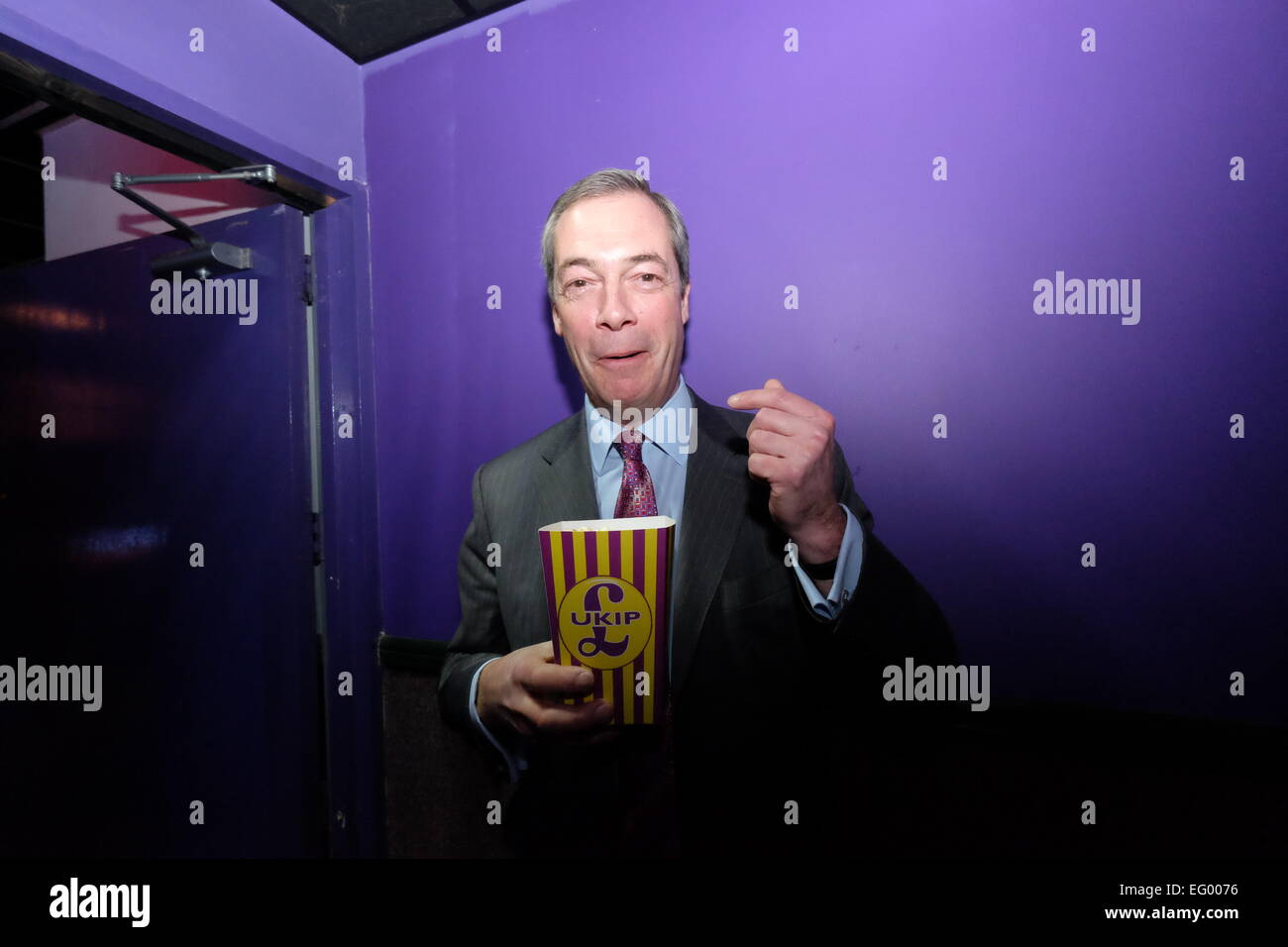 Canvey Island, Essex, UK. 12th Feb, 2015. Nigel Farage eating Ukip Popcorn Credit:  Rachel Megawhat/Alamy Live News Stock Photo