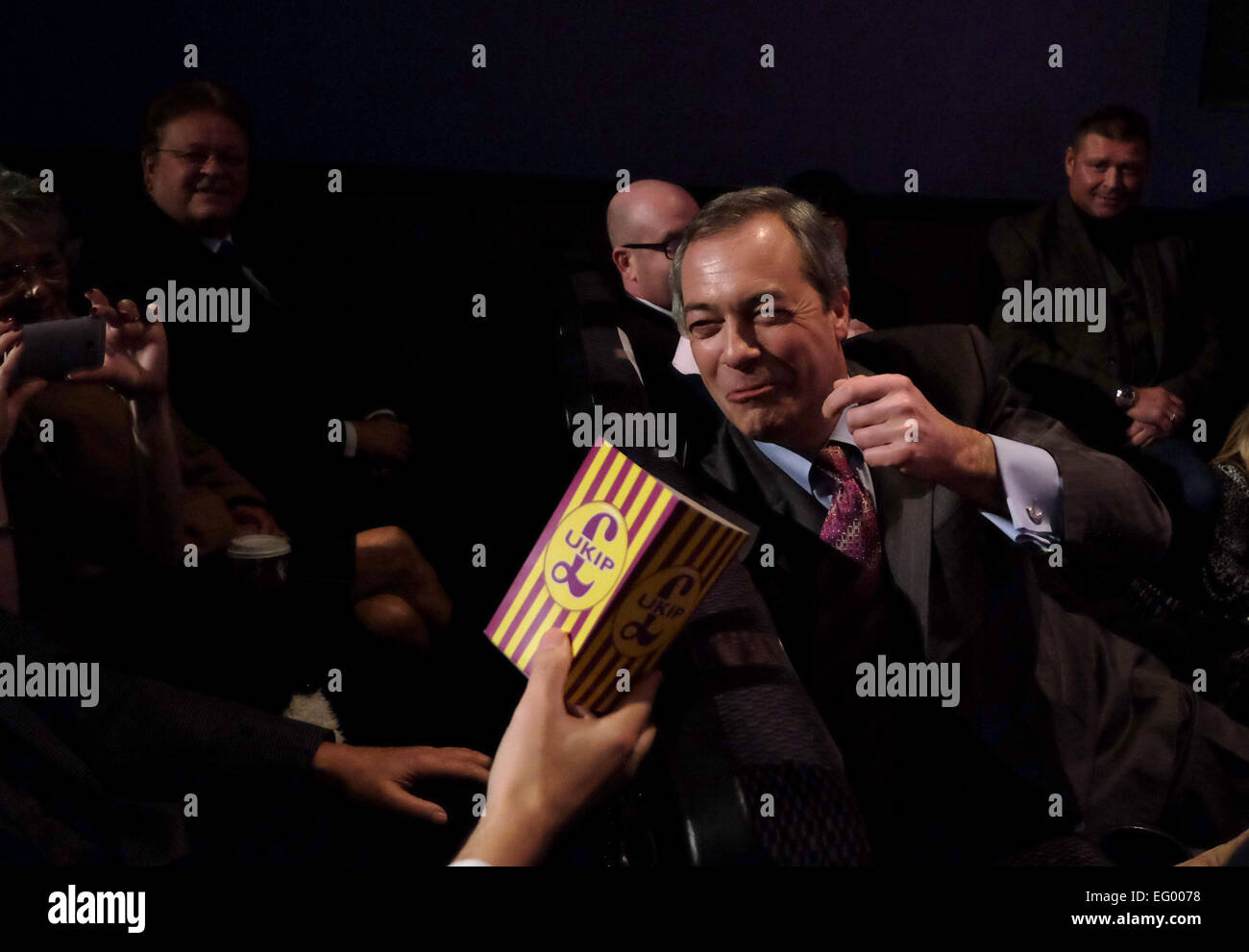 Canvey Island, Essex, UK. 12th Feb, 2015. Nigel Farage eating Ukip Popcorn Credit:  Rachel Megawhat/Alamy Live News Stock Photo