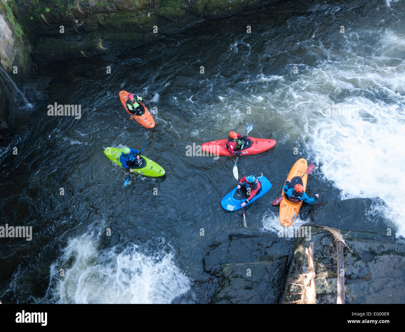 Kayakers on the River Dee at Llangollen, from the bridge Stock Photo