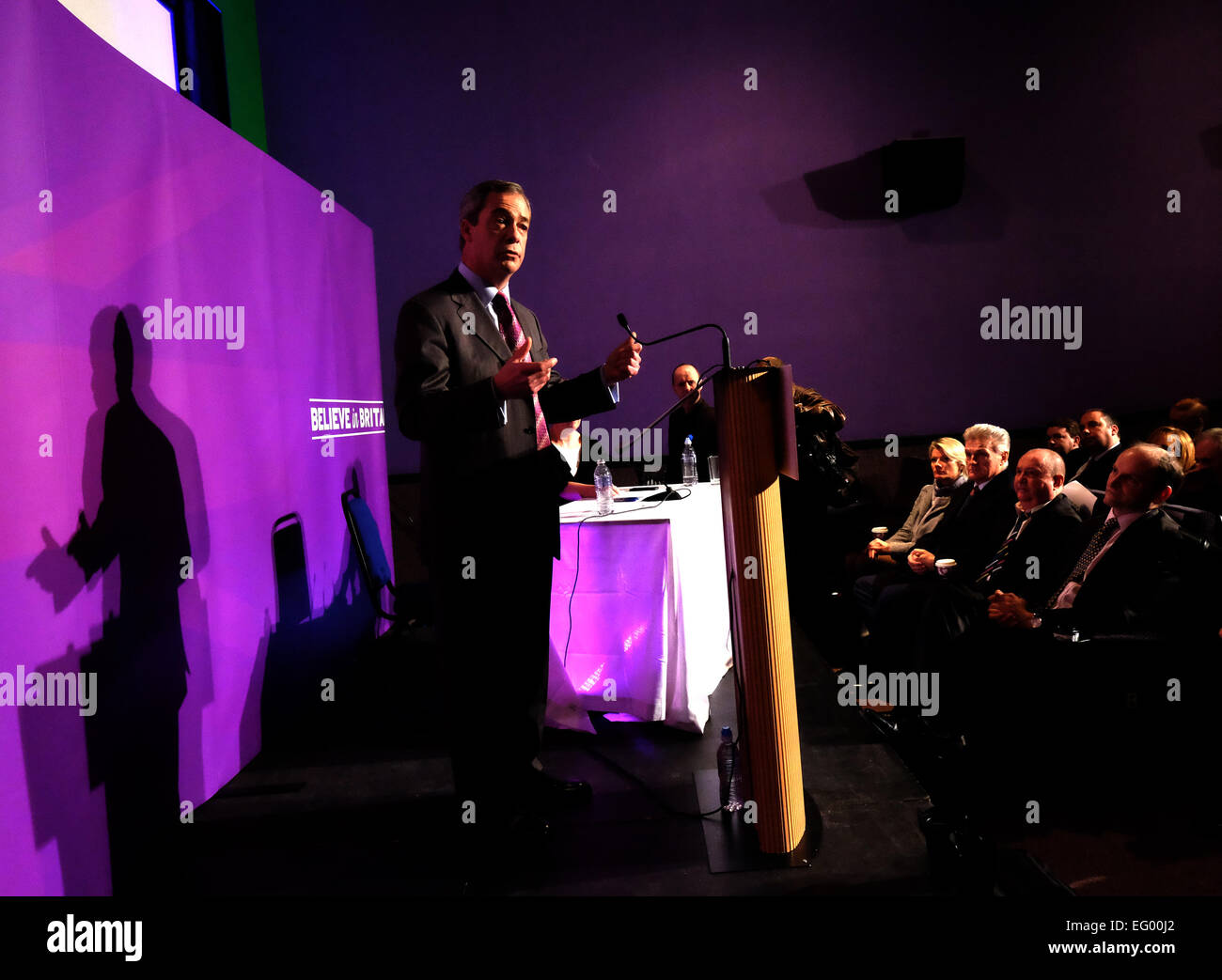Canvey Island, Essex, UK. 12th Feb, 2015. Nigel Farage gives speech to launch election campaign ,Believe in Britain Credit:  Rachel Megawhat/Alamy Live News Stock Photo