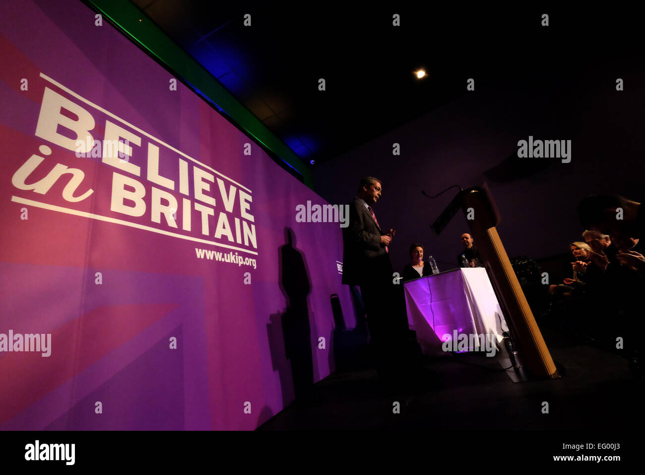 Canvey Island, Essex, UK. 12th Feb, 2015. Nigel Farage gives speech to launch election campaign ,Believe in Britain Credit:  Rachel Megawhat/Alamy Live News Stock Photo