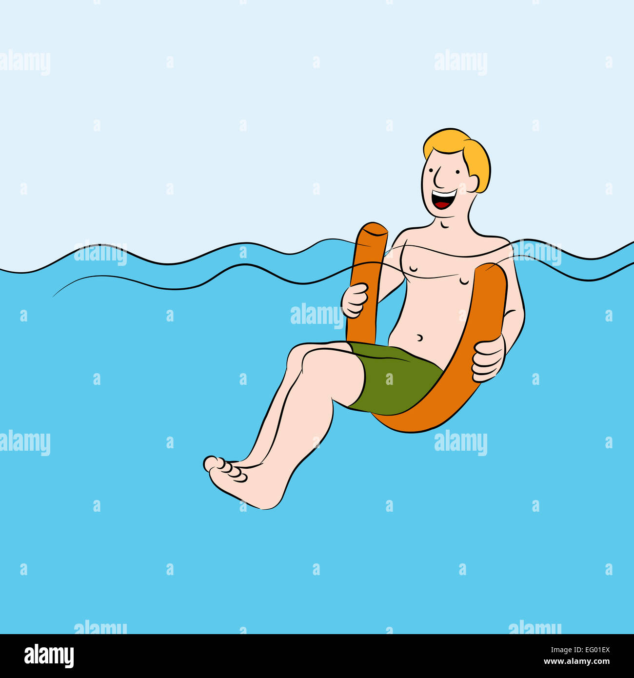 An image of a man floating in his swimming pool using a flotation noodle. Stock Photo