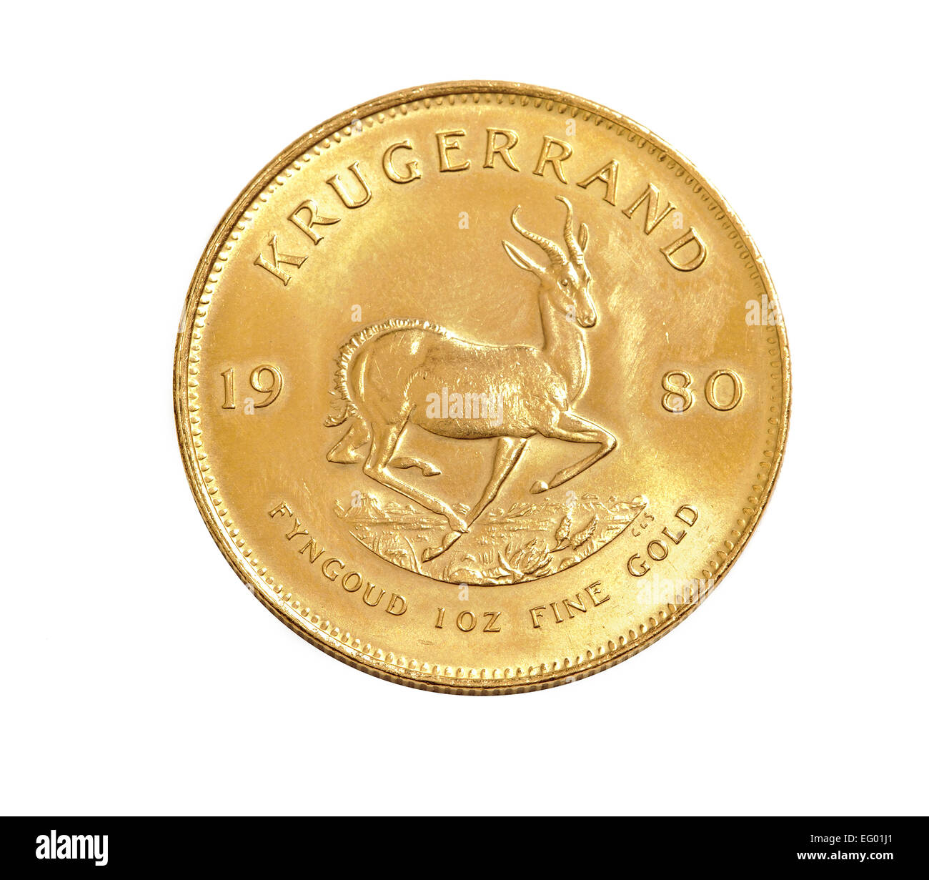 22 caret gold Krugerrand coin on white background Stock Photo