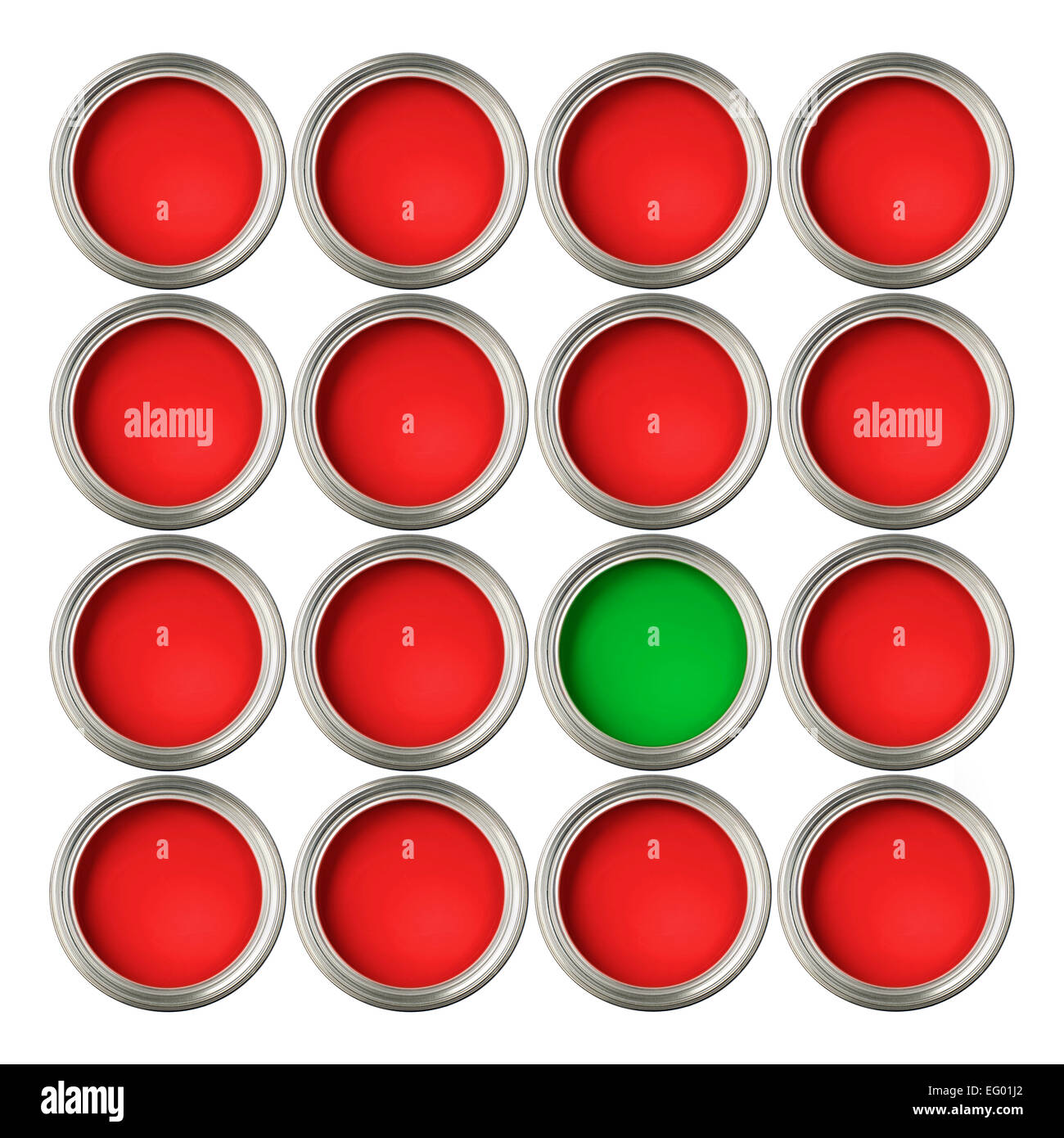 concept image of paint tins implying odd one out or stop / go Stock Photo