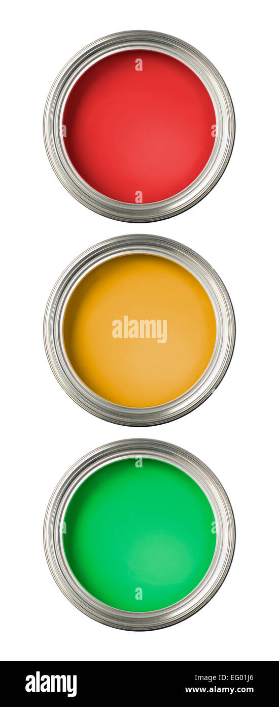 concept image of paint tins implying odd one out or stop / go Stock Photo