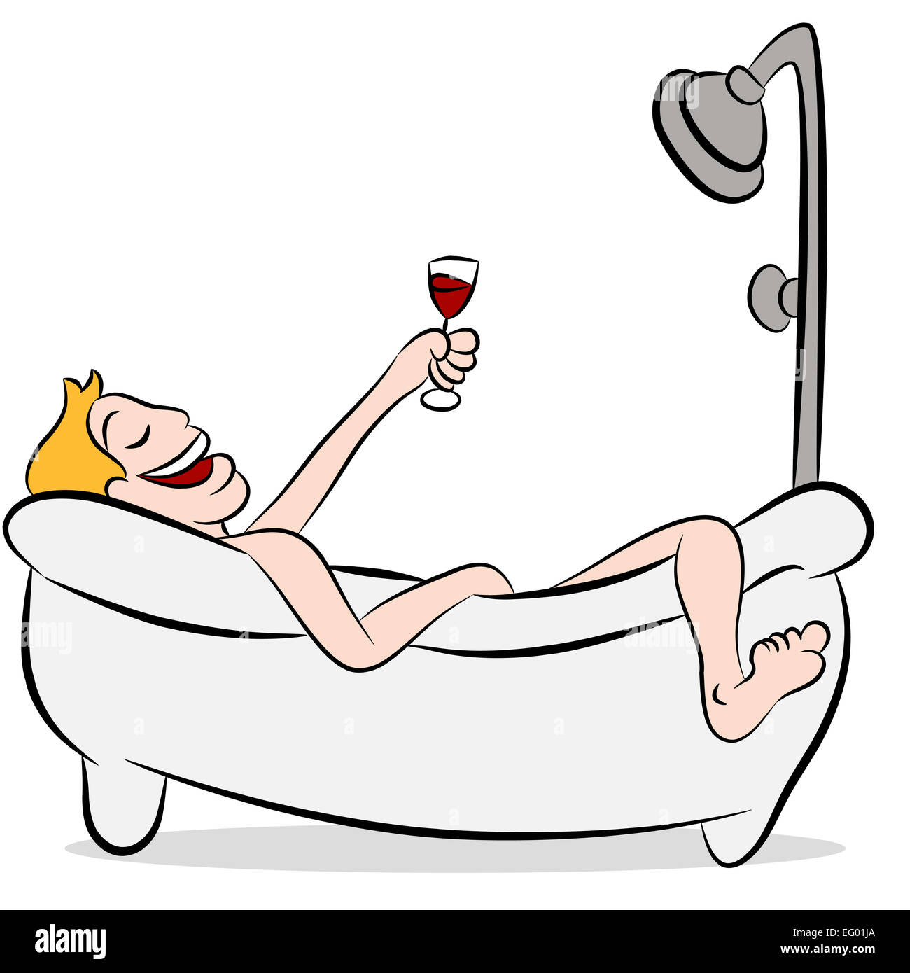 An image of a man drinking wine in the bathtub. Stock Photo