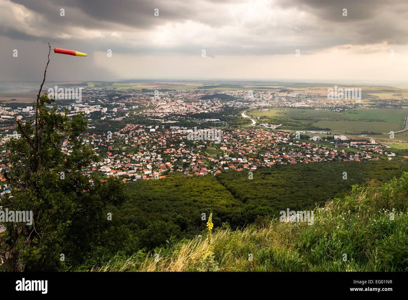 Heavy Clouds Rain over the City of Nitra as Seen from Hill Stock Photo