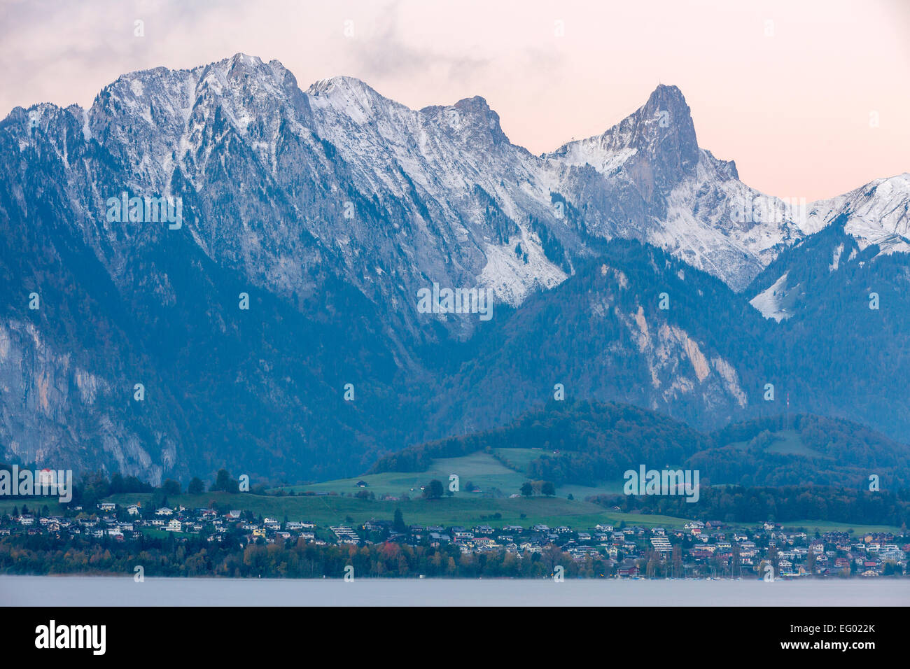 A view over Lake Thun towards Niesen mountain, Thunersee, Bernese Oberland, Switzerland Stock Photo