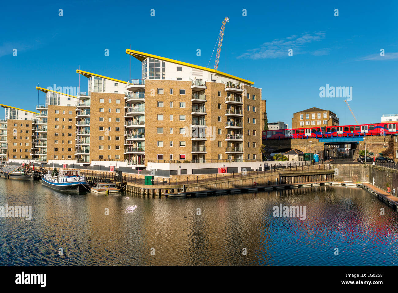 The Limehouse Basin in East London is a Docklands marina and residential housing development in the Borough of Tower Hamlets Stock Photo