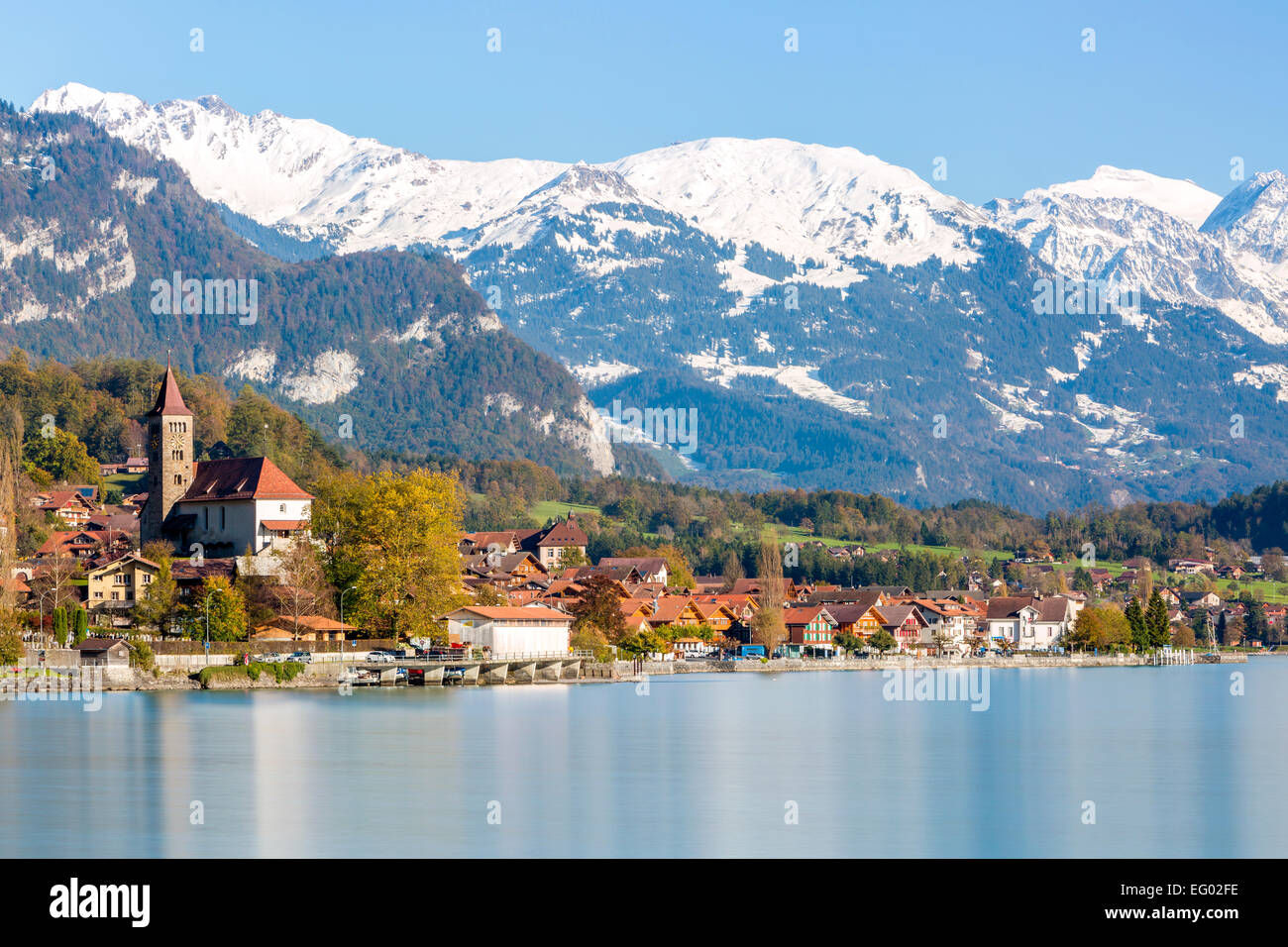 View of the village of Brienz at the north end of Lake Brienz at the foot of the Brienzer Rothorn Mountain, Kanton Bern, Switzer Stock Photo