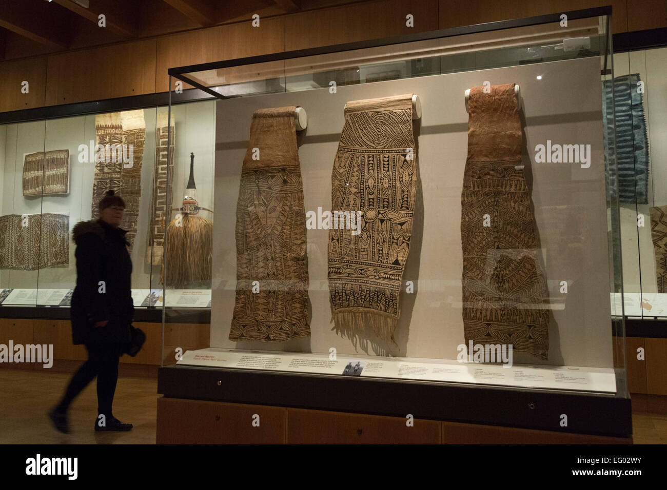 The exhibition 'Shifting Patterns: Pacific Barkcloth Clothing' opens at the British Museum and runs from 5 February to 16 August 2015. Curated by Natasha McKinney of the Oceania Section, seventy-seven objects made of barkcloth from the islands of the Pacific are displayed including garments, headdresses, masks and body ornaments. Stock Photo