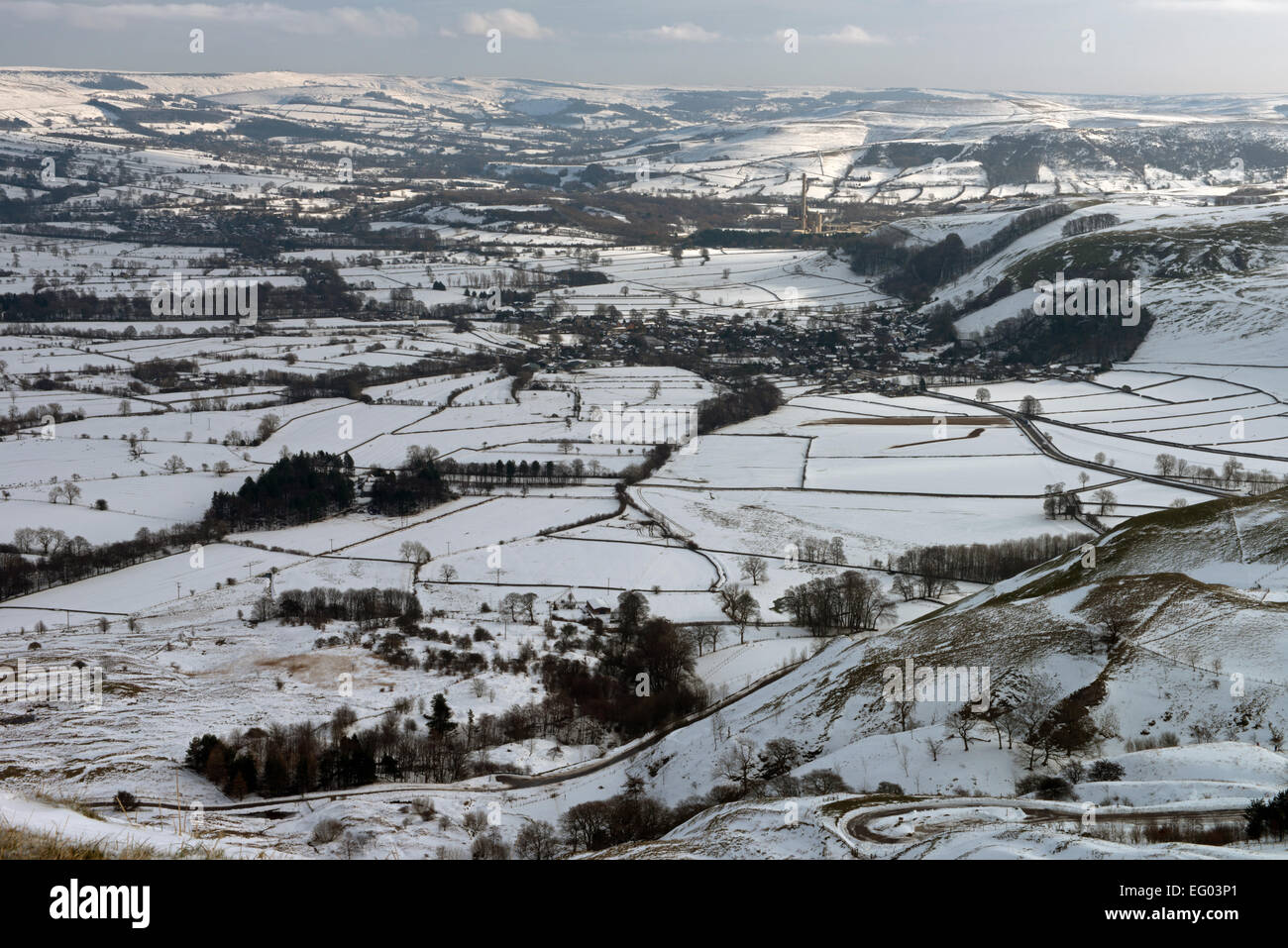 Castleton and The Hope Valley in snow, taken from Mam Tor in The Peak
