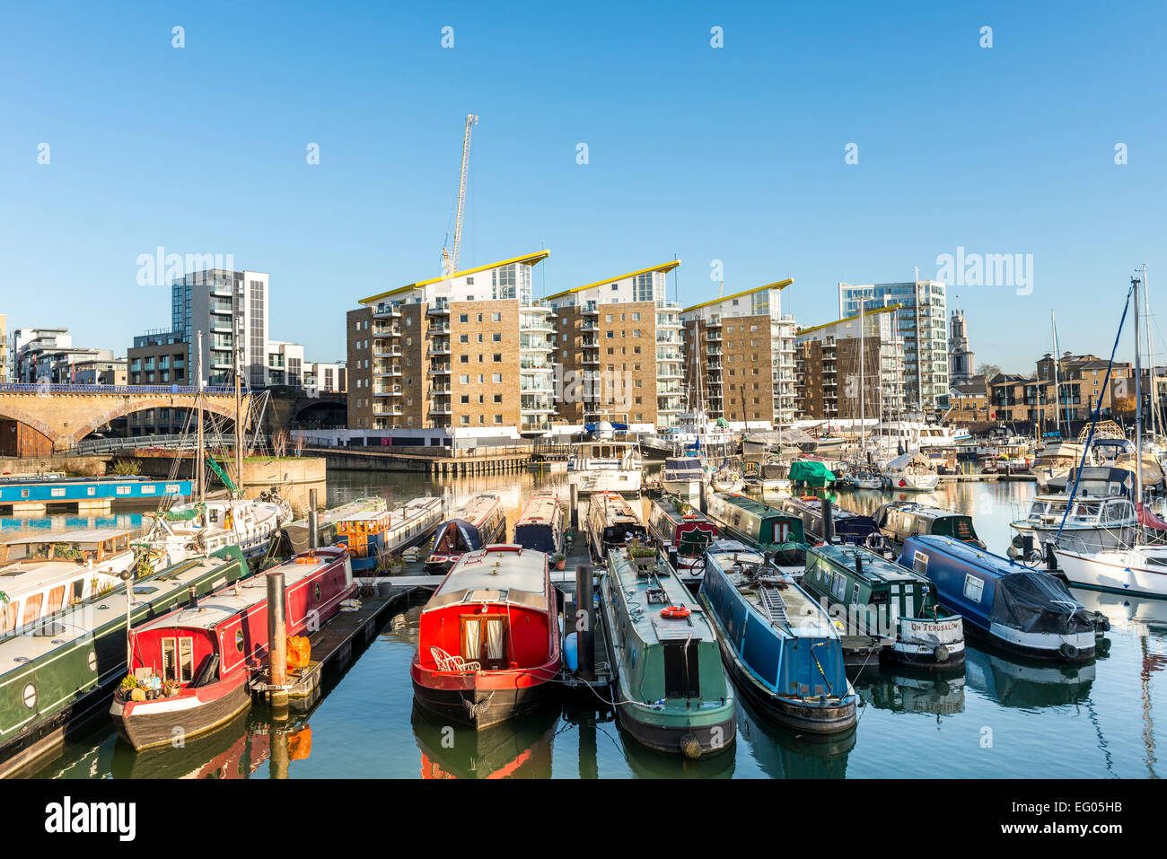 The Limehouse Basin in East London is a Docklands marina and residential housing development in the Borough of Tower Hamlets Stock Photo