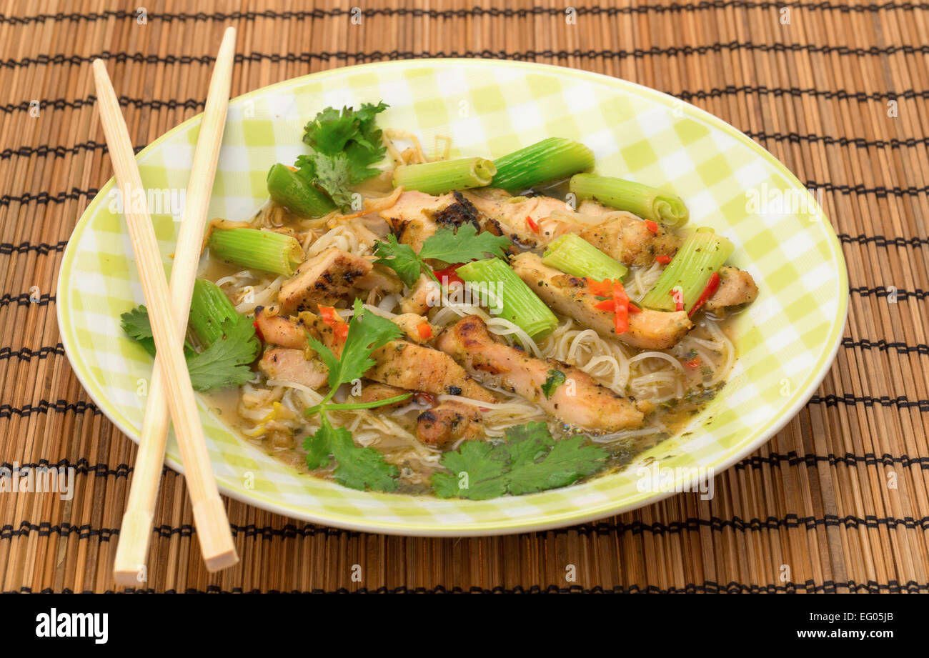 Bowl of the Vietnamese cuisine - Chicken Noodle Pho with Vermicelli noodles, beansprouts and spring onions Stock Photo