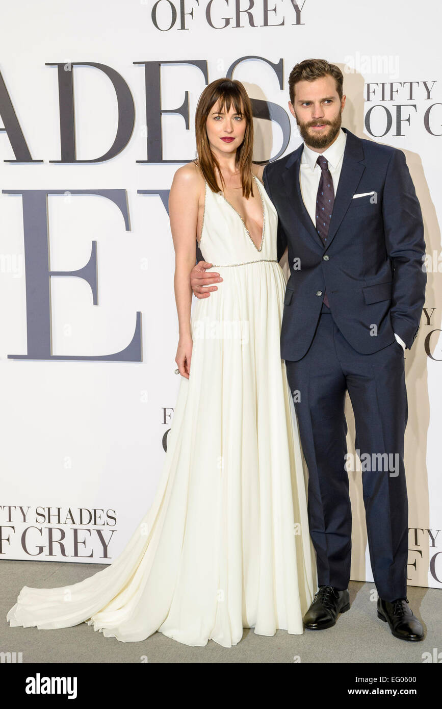 Cast arrives on the grey carpet for the 50 Shades of Grey UK Premiere on 12/02/2015 at ODEON Leicester Square, London. Persons Pictured: Jamie Dornan, Dakota Johnson,. Picture by Julie Edwards Stock Photo