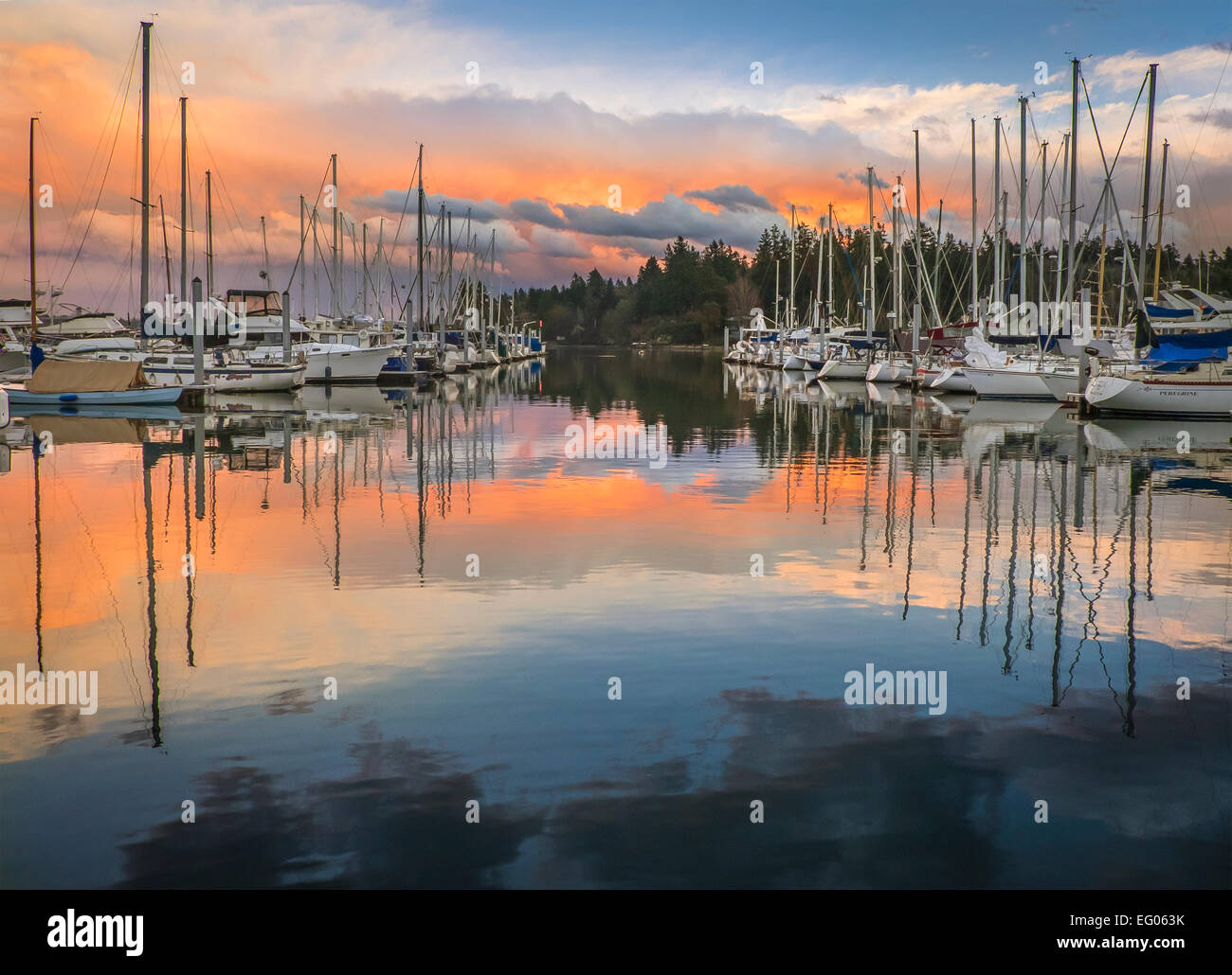 Vashon Island, Washington: Sunset clouds reflecting on Quartermaster Harbor Stock Photo