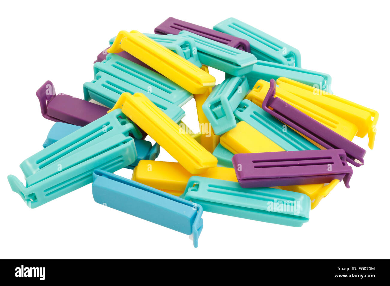 plastic colored clips to close plastic bags Isolated Stock Photo