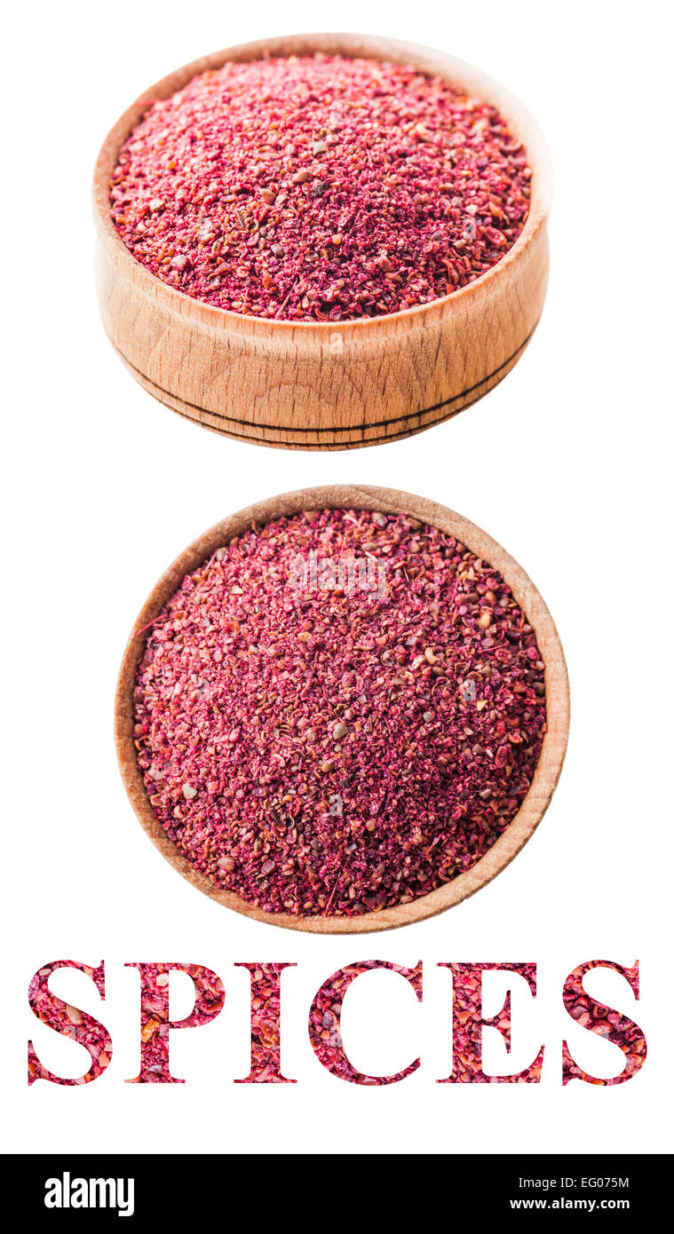 sumac in a wooden bowl isolated on white background Stock Photo Alamy