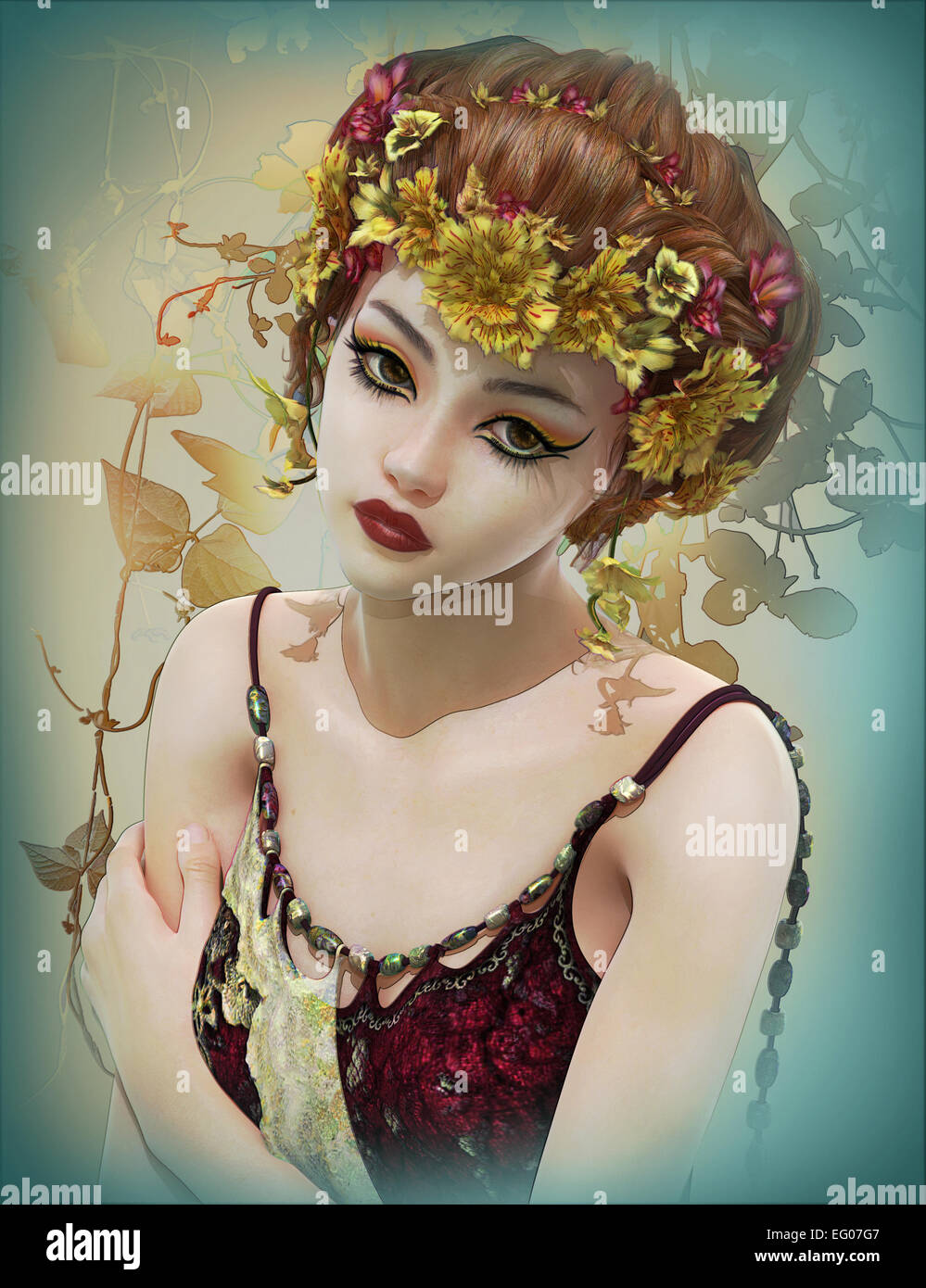 Portrait of a Girl with Flowers in her Hair Stock Photo - Alamy