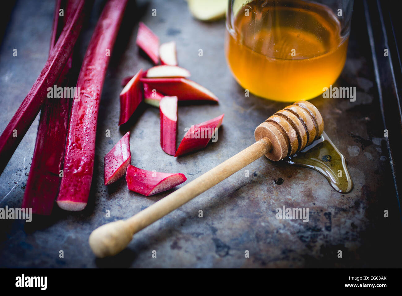 Rhubarb and honey cooking ingredients Stock Photo