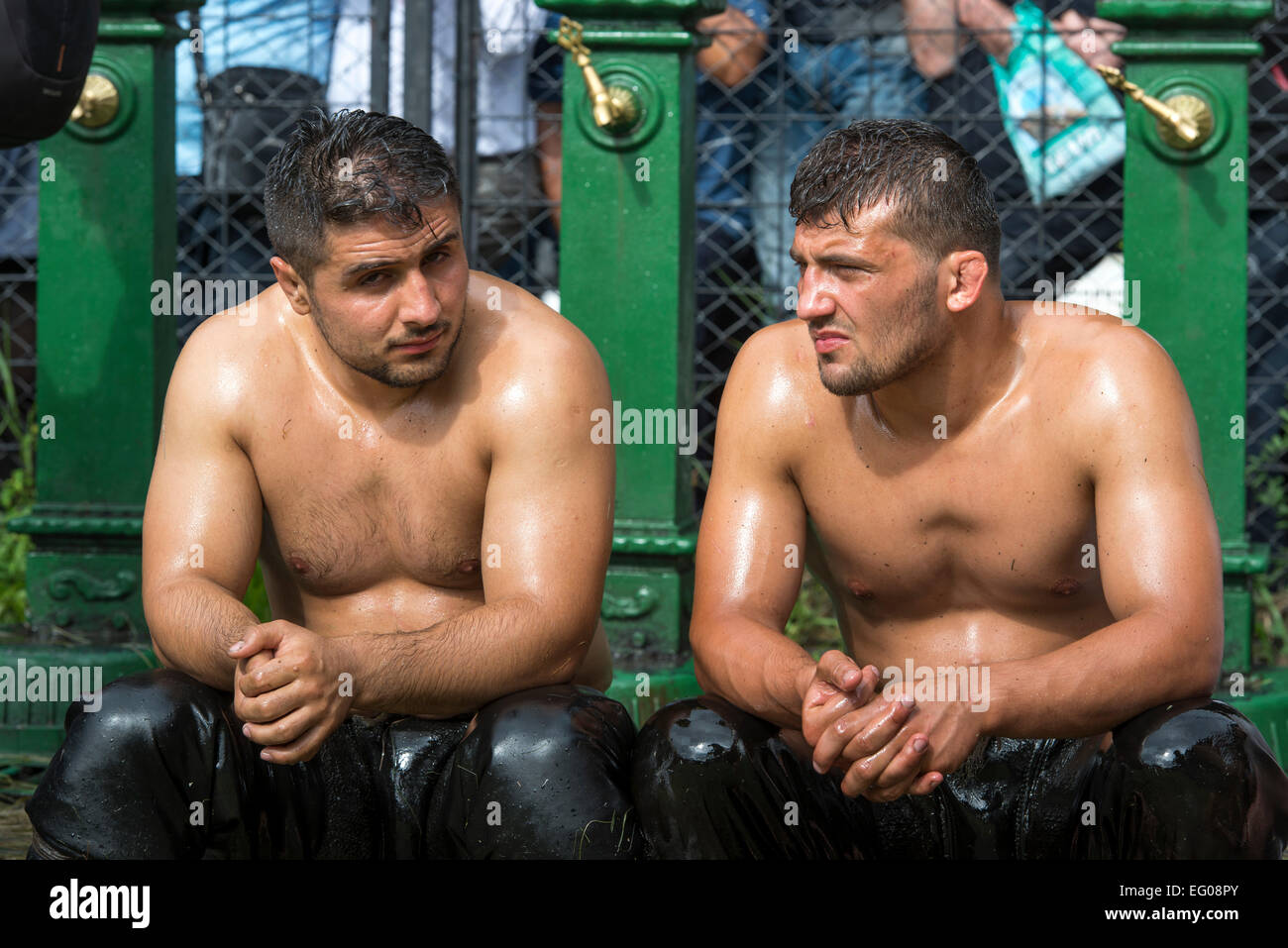 Wrestlers At The Fountain, Kirkpinar Stock Photo