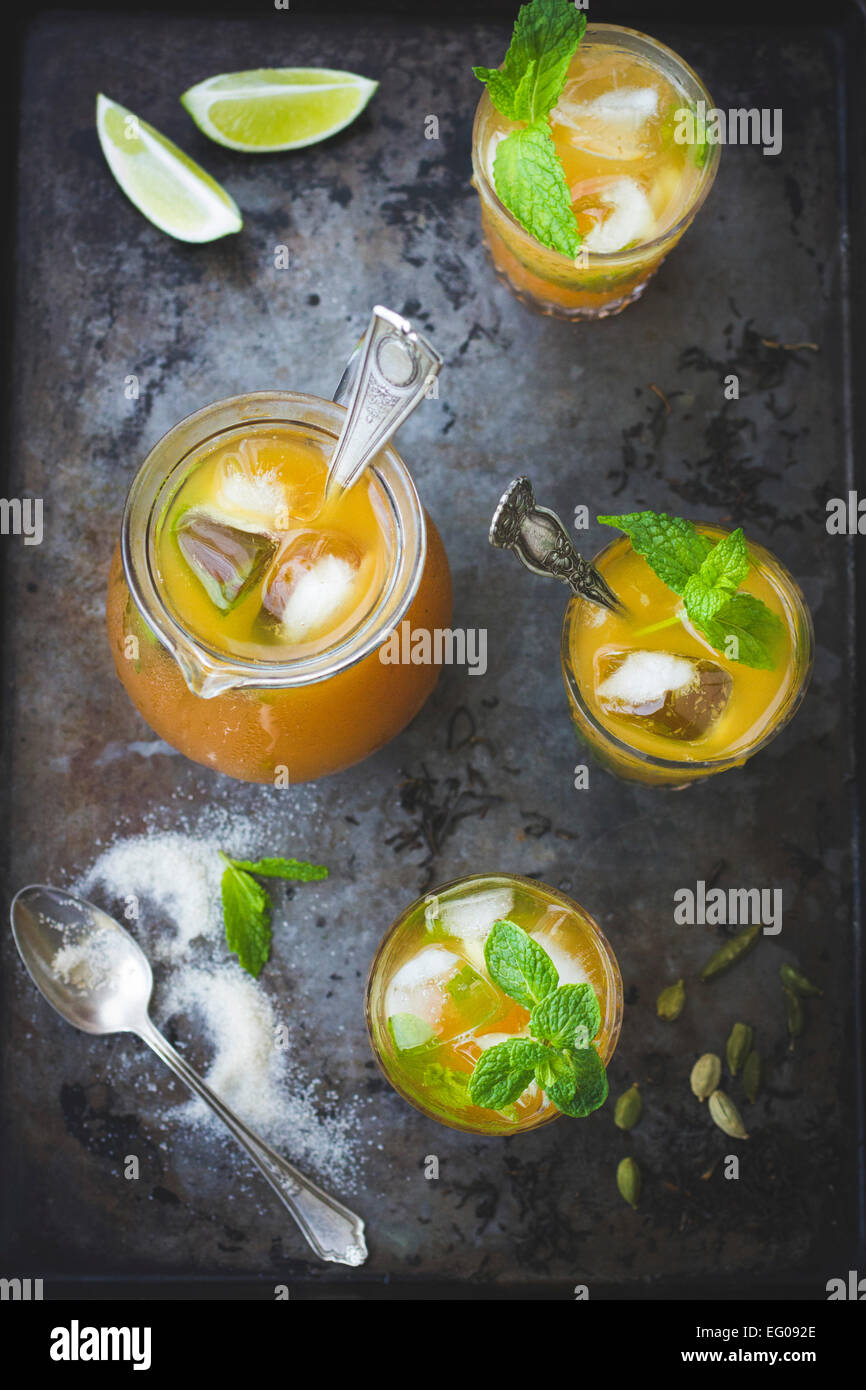 Moroccan Mojitos mint ice tea combination Stock Photo