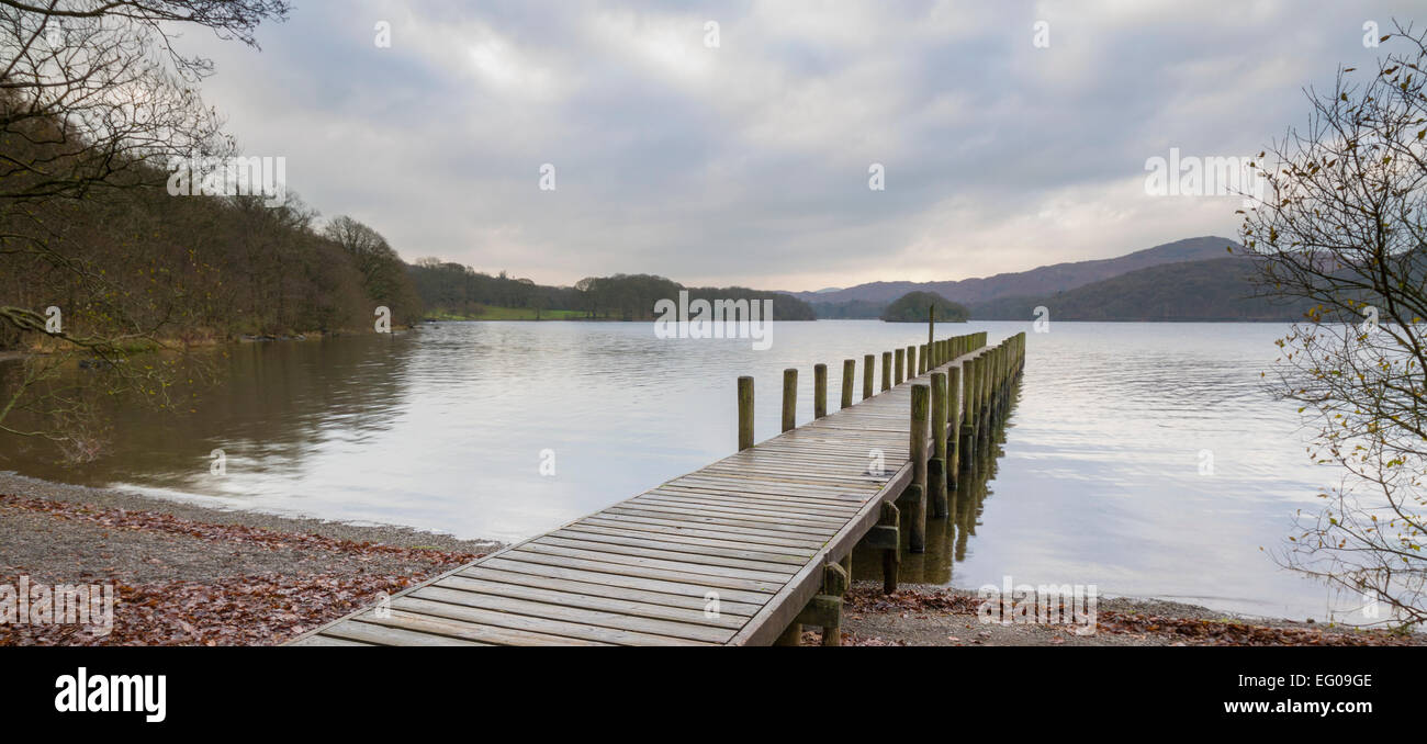 coniston water Wooden jetty in the lake district cumbria Stock Photo