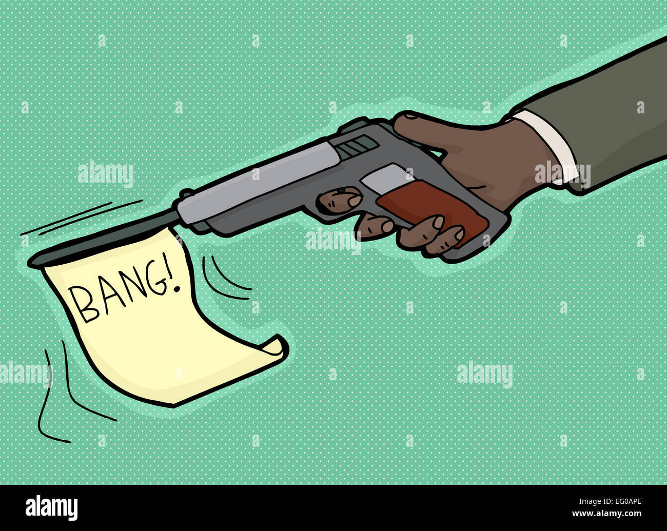 Cartoon of hand firing gun with bang flag Stock Photo