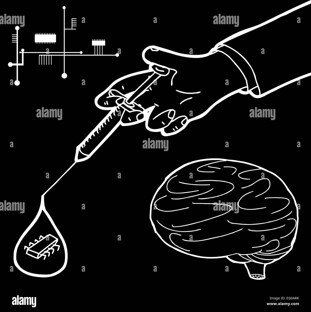 Diagram of brain and circuits and syringe with nanotechnology Stock Photo