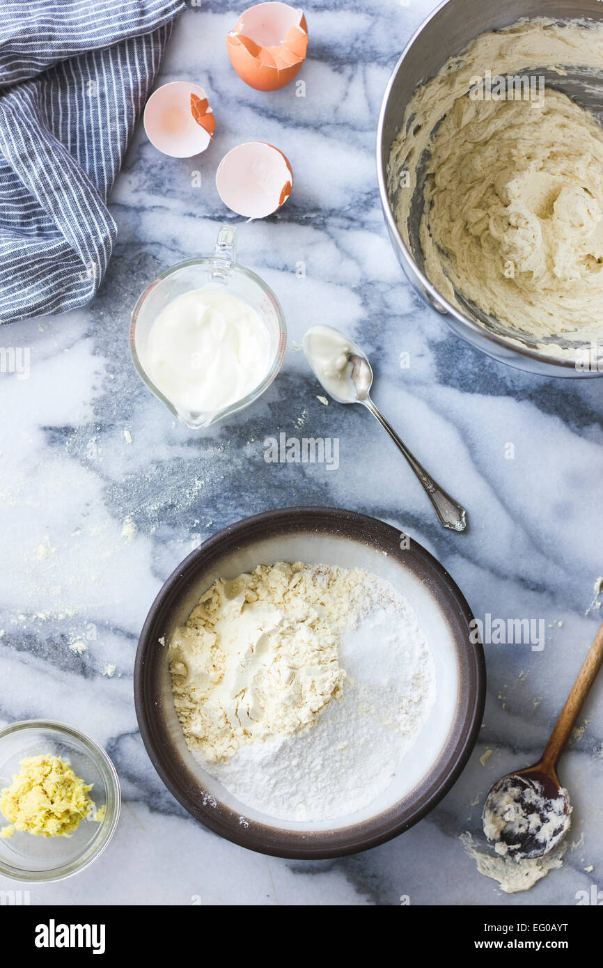 Cake ingredients on marble. Stock Photo