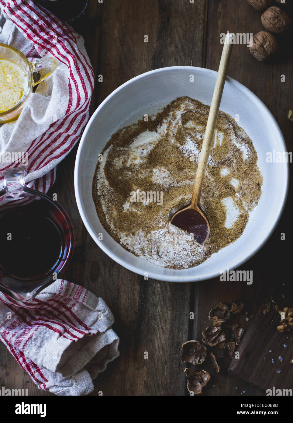 Baking mixture for salty maple walnut pie. Stock Photo