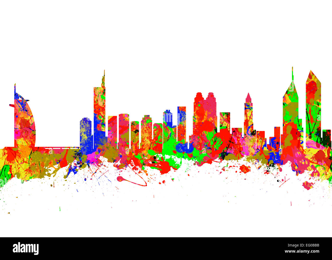 Watercolor art print of the Skyline of Dubai Stock Photo